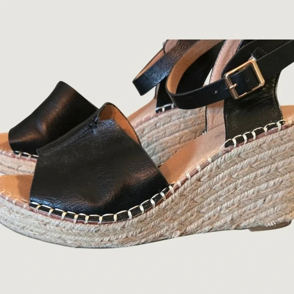 Queen George Black Espadrille Wedge‎ Sandals Ankle Strap Size 7.5